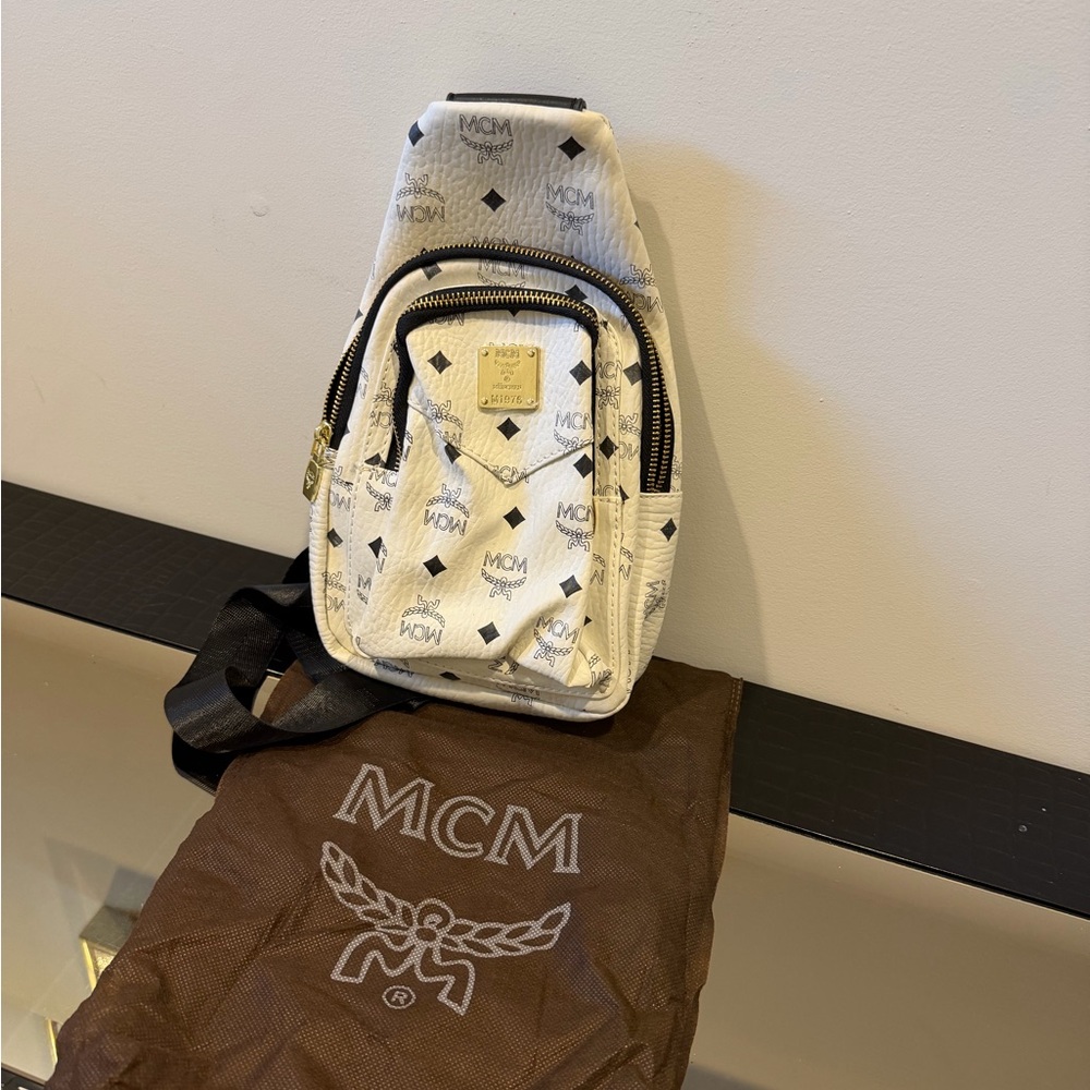 MCM White Monogram Crossbody Belt Bag with Gold Plaque